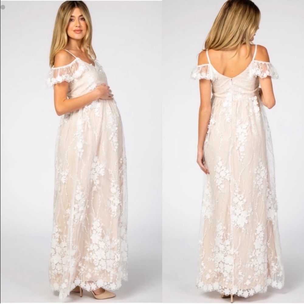 Pinkblush Ivory Floral Embroidered Lace Mesh Maternity Maxi Dress